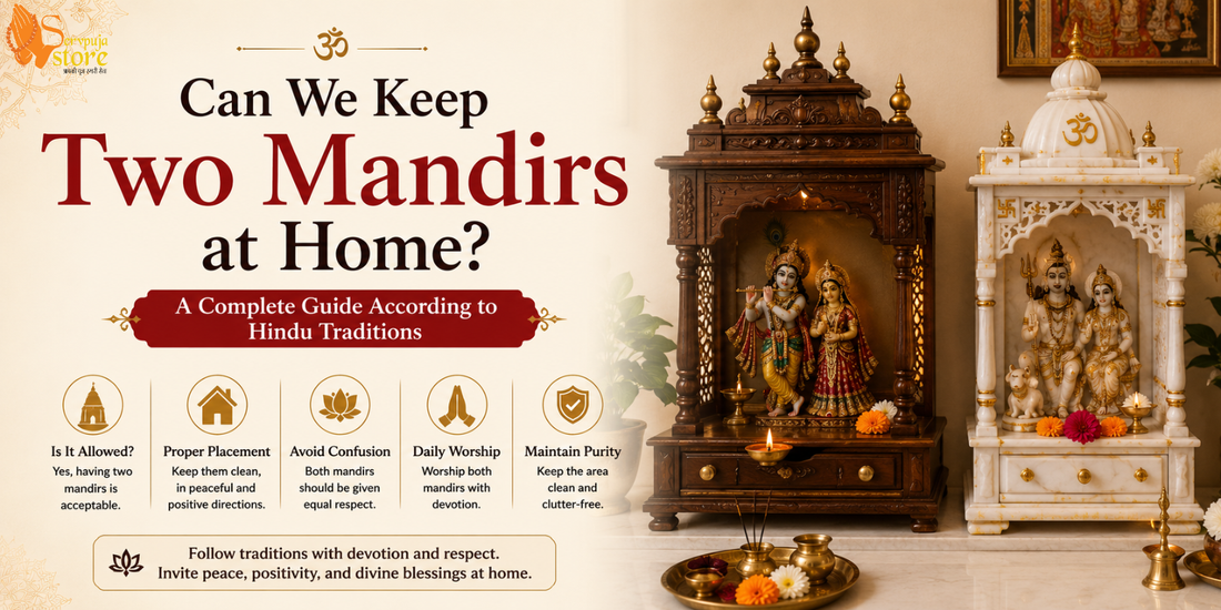 Two beautifully arranged home mandirs with Hindu deities, explaining whether keeping two temples at home is appropriate according to Hindu traditions and Vastu principles.