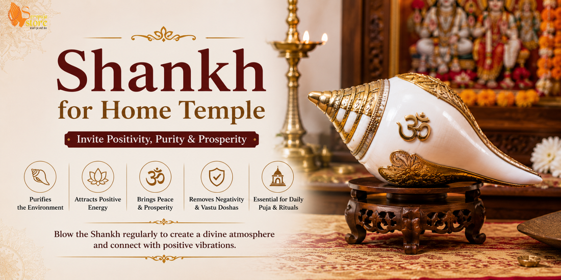 "Sacred Dakshinavarti Shankh placed in a traditional home temple for daily Hindu worship, Vastu benefits, spiritual prosperity, peace, and positive energy."