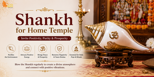 "Sacred Dakshinavarti Shankh placed in a traditional home temple for daily Hindu worship, Vastu benefits, spiritual prosperity, peace, and positive energy."