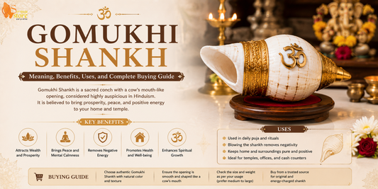 "Authentic Gomukhi Shankh placed in a traditional home temple for Lakshmi and Vishnu worship, spiritual rituals, Vastu benefits, prosperity, and positive energy."