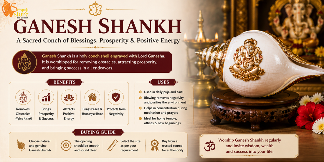 "Authentic Ganesh Shankh placed in a traditional home temple for Lord Ganesha worship, spiritual rituals, Vastu benefits, prosperity, wisdom, and removal of obstacles."