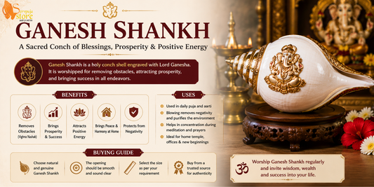 "Authentic Ganesh Shankh placed in a traditional home temple for Lord Ganesha worship, spiritual rituals, Vastu benefits, prosperity, wisdom, and removal of obstacles."
