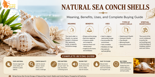 "Authentic natural sea conch shells for Hindu worship, home temple, Vastu, spiritual rituals, home decor, and a complete buying guide with meaning, benefits, and uses."
