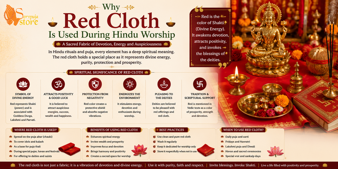 Traditional red cloth (Lal Vastra) draped over a brass Kalash with coconut, mango leaves, diya, flowers, and sacred puja items in a Hindu home temple.
