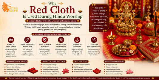 Traditional red cloth (Lal Vastra) draped over a brass Kalash with coconut, mango leaves, diya, flowers, and sacred puja items in a Hindu home temple.