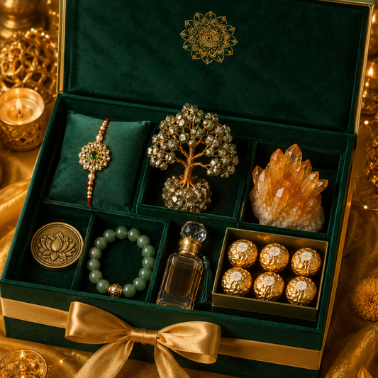 Luxury Prosperity Rakhi Gift Hamper with Pyrite Money Tree, Citrine Crystal, Premium Attar