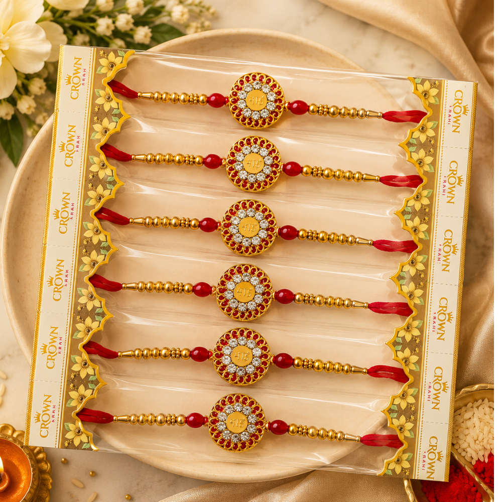 Designer Kundan Rakhi Set of 6 – Red Beaded Golden Rakhi for Raksha Bandhan