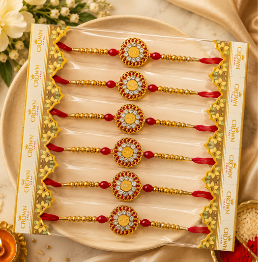 Designer Kundan Rakhi Set of 6 – Red Beaded Golden Rakhi for Raksha Bandhan