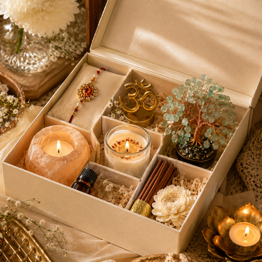 Premium Spiritual Rakhi Gift Box with OM Idol & Green Aventurine Money Tree
