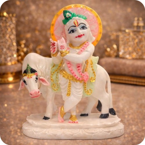Handcrafted Marble Lord Krishna Idol with Cow for Home Temple & Puja Decor