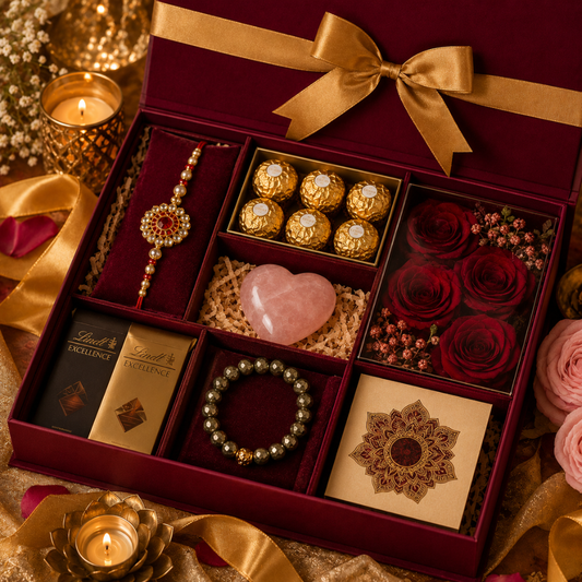 Premium Rakhi Gift Hamper with Chocolates, Rose Quartz & Pyrite Bracelet
