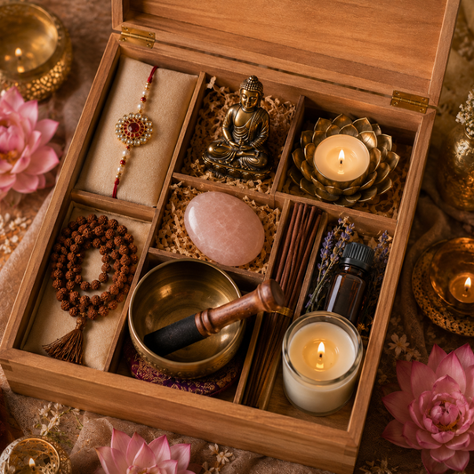 Luxury Buddha Meditation Rakhi Gift Hamper with Singing Bowl, Rudraksha Mala & Rose Quartz