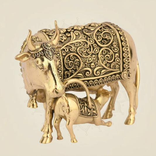 Large Brass Cow and Calf Statue (16 Inch) – Auspicious Vastu Mandir Decor