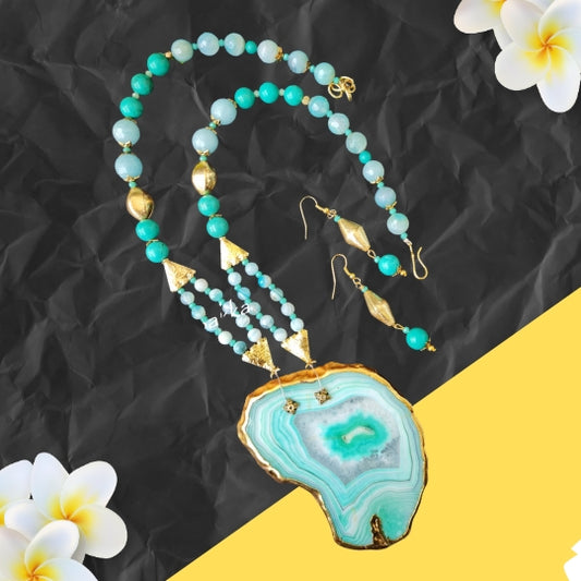 Natural Green Agate Stone Mala with Pendant & Earrings – For Pooja