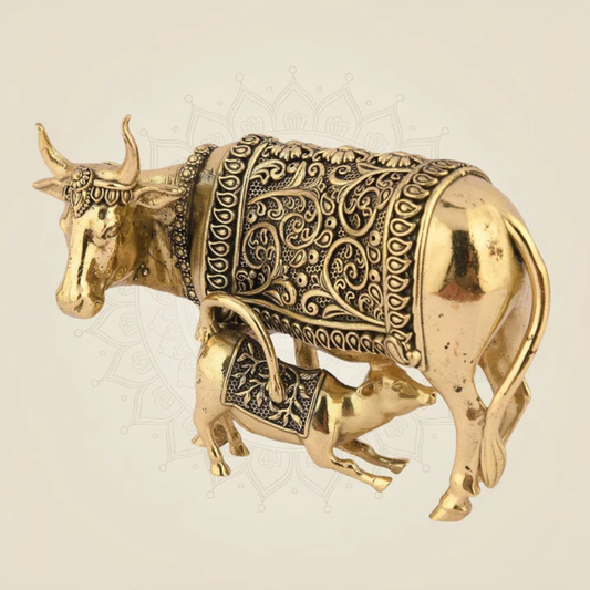 Large Brass Cow and Calf Statue (16 Inch) – Auspicious Vastu Mandir Decor