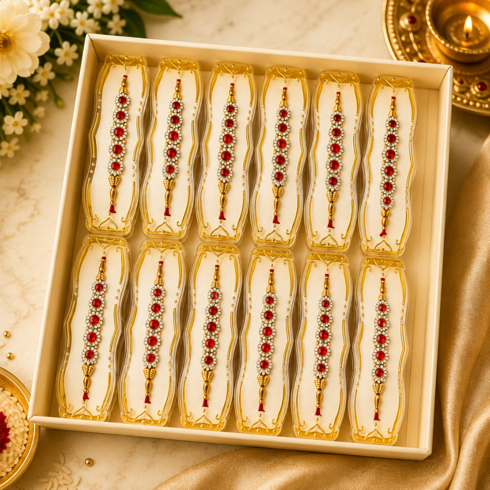Premium Designer Kundan Rakhi Set of 12 – Red Stone & Golden Beaded Rakhi for Brother