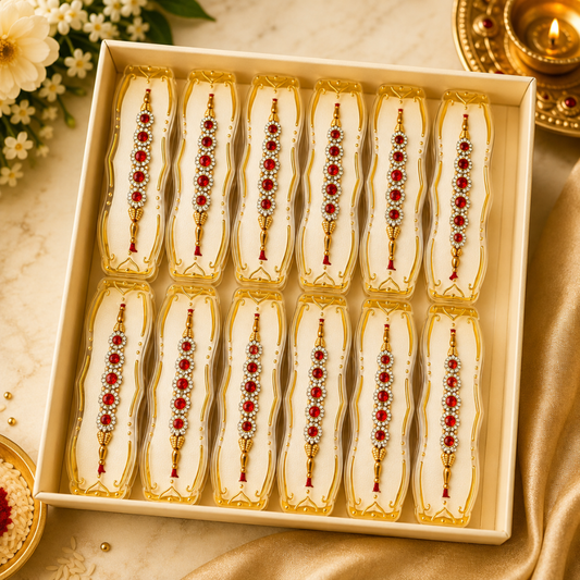 Premium Designer Kundan Rakhi Set of 12 – Red Stone & Golden Beaded Rakhi for Brother