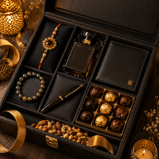 Executive Rakhi Gift Box with Premium Wallet, Perfume & Pyrite