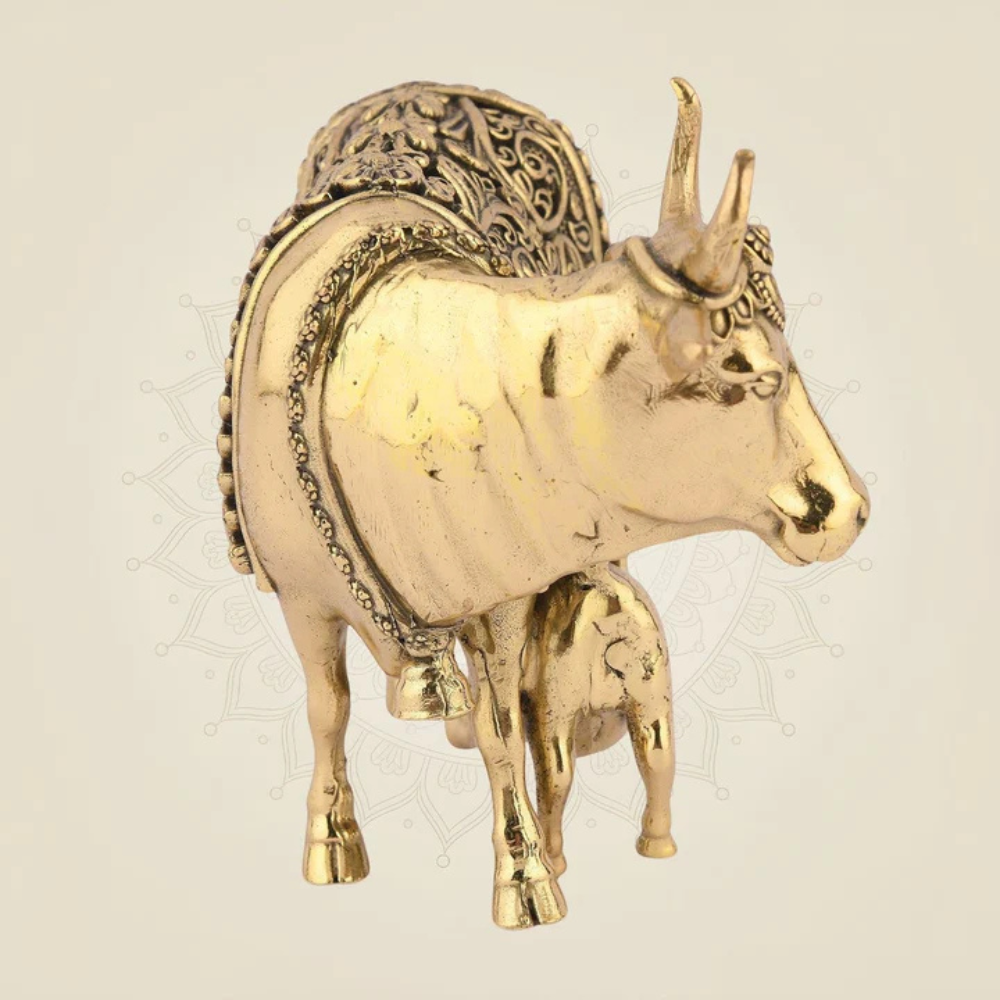 Large Brass Cow and Calf Statue (16 Inch) – Auspicious Vastu Mandir Decor