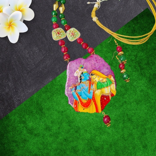 Natural Green Agate Stone Mala with Pendant & Earrings – For Pooja