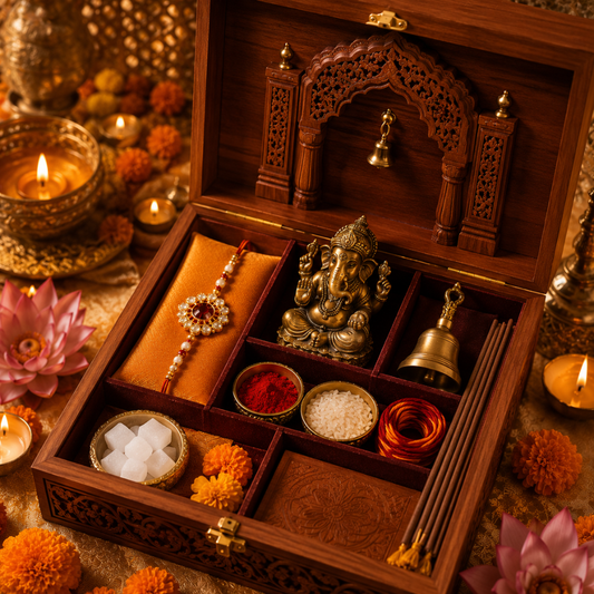 Luxury  Rakhi Gift Hamper with Ganesh Idol, Brass Bell & Pooja Essentials