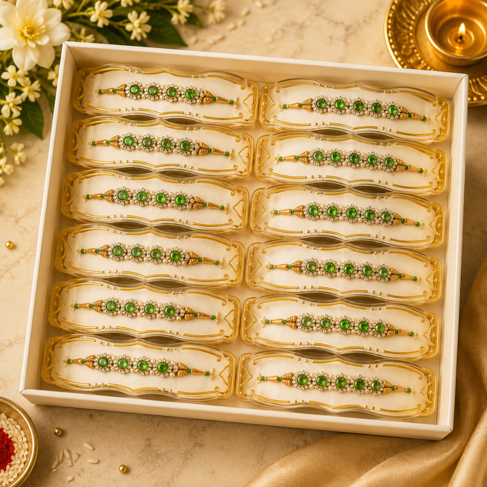 Designer Green Kundan Rakhi Set of 12 – Elegant Stone Rakhi for Raksha Bandhan