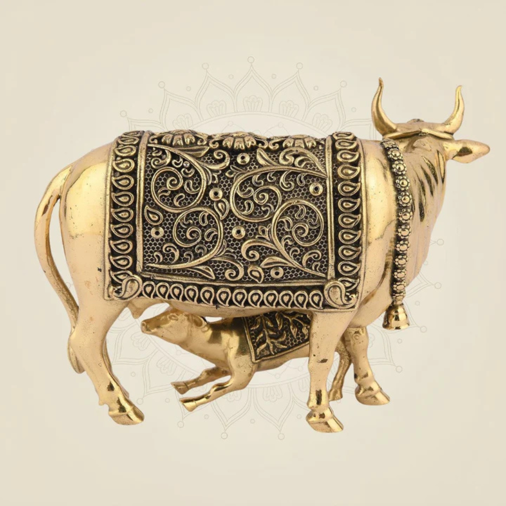 Large Brass Cow and Calf Statue (16 Inch) – Auspicious Vastu Mandir Decor