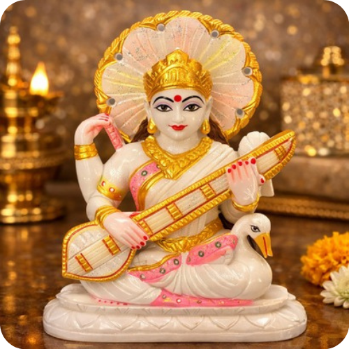 Premium Marble Goddess Saraswati Murti with Swan for Puja & Spiritual Decor