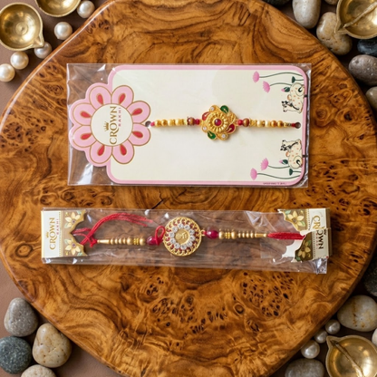 Red & Green Designer Rakhi Set of 2 – Kundan Pearl Work Traditional Raksha Bandhan Rakhi