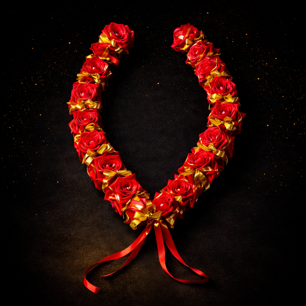 Luxury Artificial Red Rose Mala with Golden Leaves | Wedding & Ceremony Garland