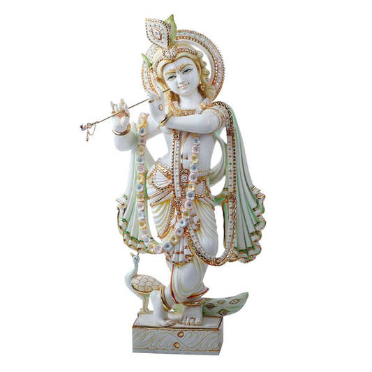 24 Inch Big Size White Marble Lord Krishna Playing Flute Idol | Premium Home Temple Murti