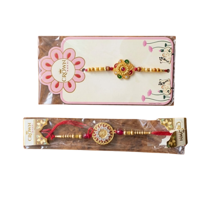 Red & Green Designer Rakhi Set of 2 – Kundan Pearl Work Traditional Raksha Bandhan Rakhi