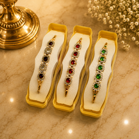 Traditional Designer Rakhi Set of 3 – Red Green Stone Work Pearl Raksha Bandhan Rakhi