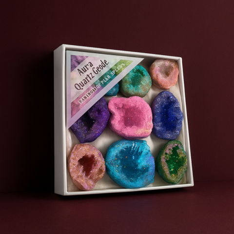 Aura Quartz Geode Set – Rainbow Healing Crystals for Energy & Positivity