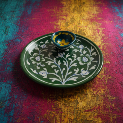 Emerald Blossom Floral Ceramic Diya Plate Combo
