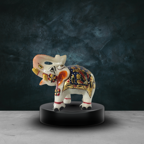 Handcrafted Marble Elephant Showpiece with Black & Gold Artwork – Decorative Home Décor Figurine