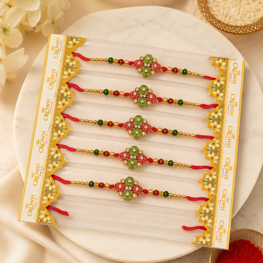 Premium Meenakari Rakhi Set of 5 – Red Green Designer Rakhi for Bhai
