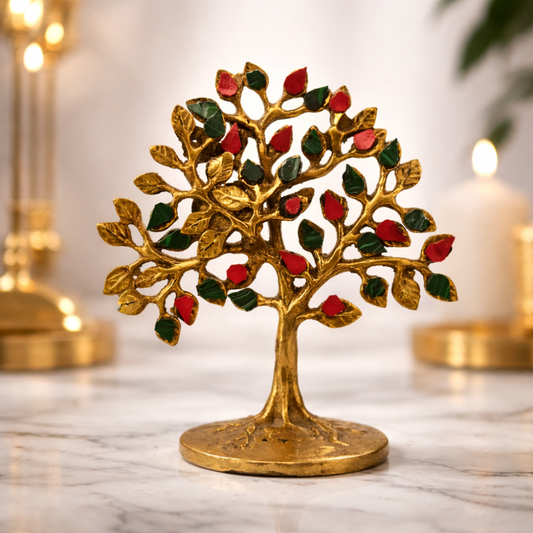 Colorful Brass Kalpavriksha Tree of Life Table Showpiece – Decorative Multicolor Leaf Home Decor (6.8 Inch)