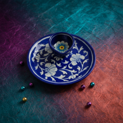 Royal Blue Pottery Blossom Diya Plate Set
