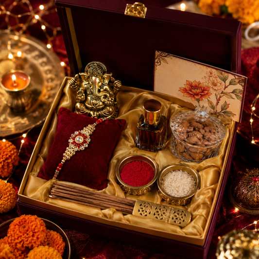 Premium Rakhi Gift Hamper with Ganesh Idol, Dry Fruits, Attar & Pooja Essentials
