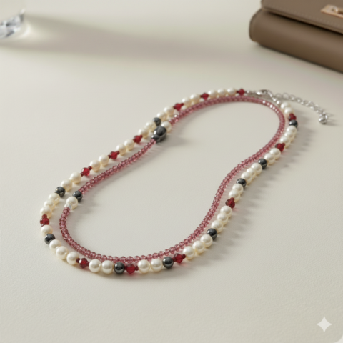 Pearl Glow Bead Necklace – Red & Black Accents