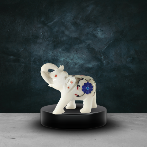 Elegant Big Inlay Marble Elephant – Floral Artwork Showpiece