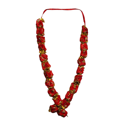 Luxury Artificial Red Rose Mala with Golden Leaves | Wedding & Ceremony Garland
