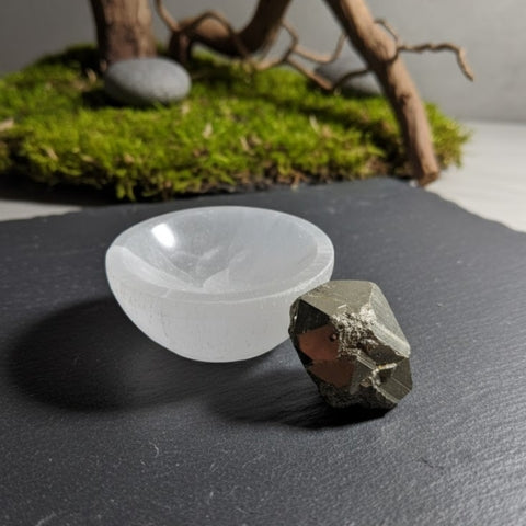 Selenite Bowl with Raw Pyrite Stone