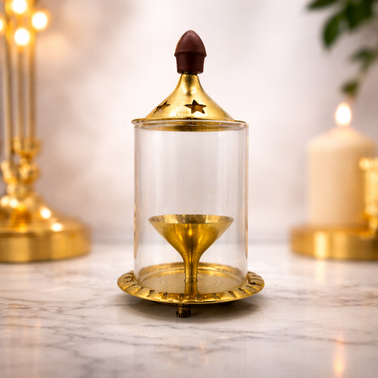 Traditional Brass Akhand Diya with Glass Cover – Spiritual Home Temple Oil Lamp