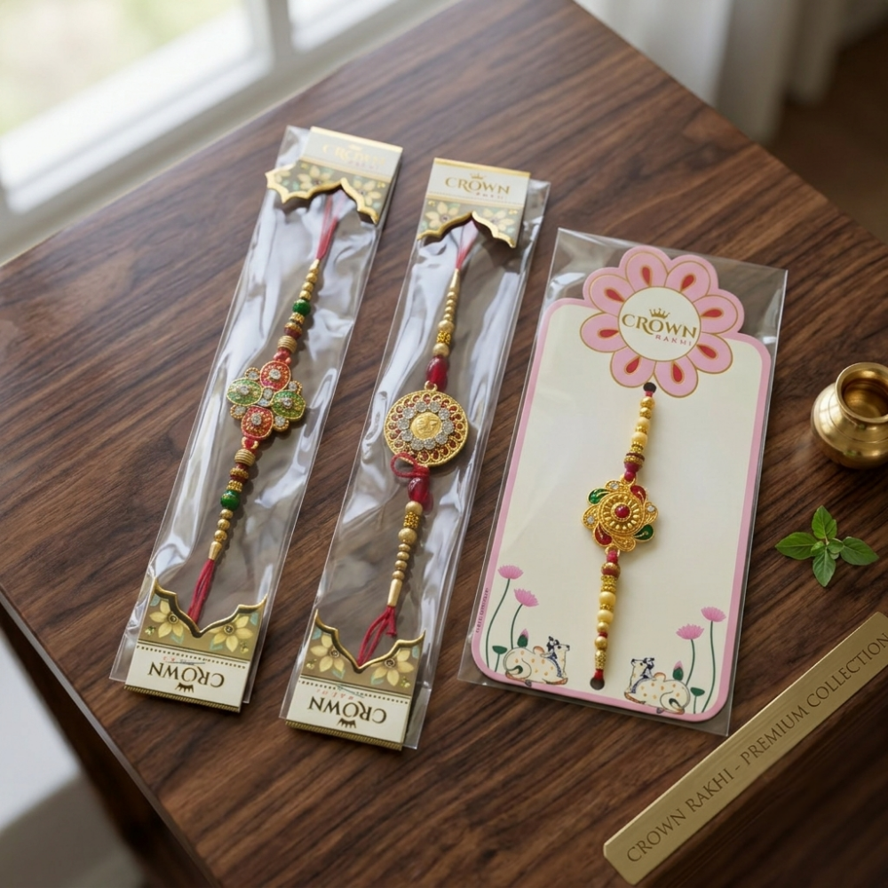 Royal Kundan Rakhi Combo Set of 3 – Red & Green Beaded Designer Raksha Bandhan Rakhis