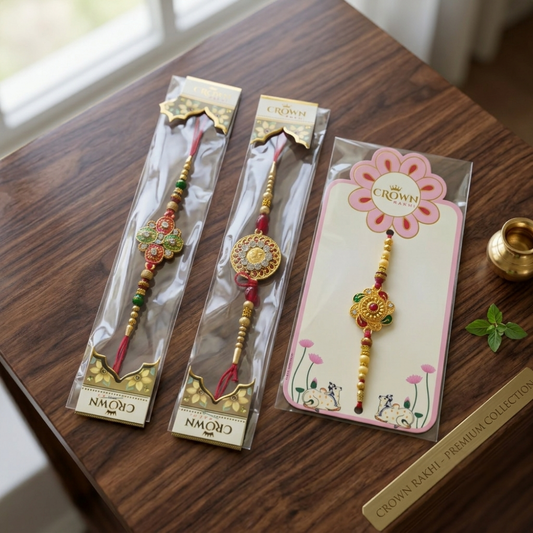 Royal Kundan Rakhi Combo Set of 3 – Red & Green Beaded Designer Raksha Bandhan Rakhis