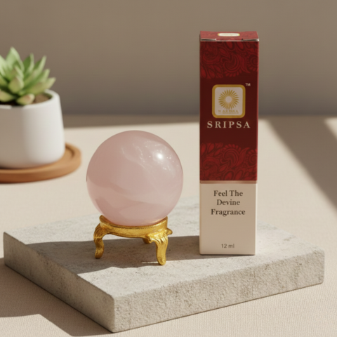 Rose Aura Harmony Combo – Rose Quartz Sphere with Golden Stand & SRIPSA Divine Fragrance