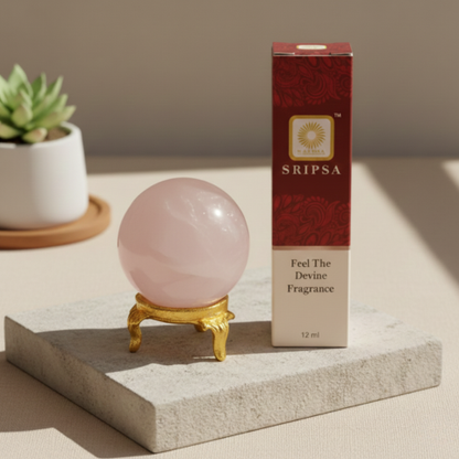 Rose Aura Harmony Combo – Rose Quartz Sphere with Golden Stand & SRIPSA Divine Fragrance