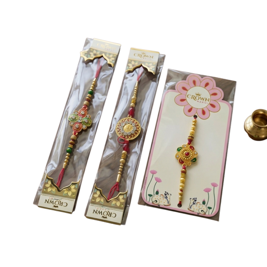 Royal Kundan Rakhi Combo Set of 3 – Red & Green Beaded Designer Raksha Bandhan Rakhis